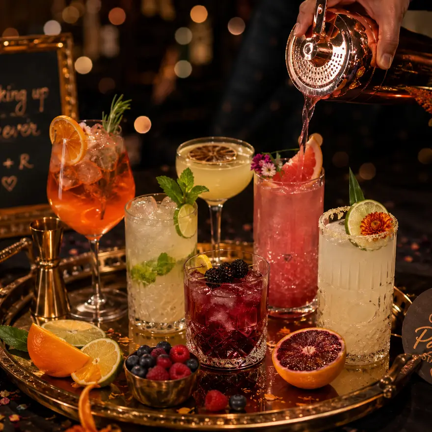 Plateau doré garni de cocktails colorés et festifs pour un enterrement de vie de jeune fille ou de garçon