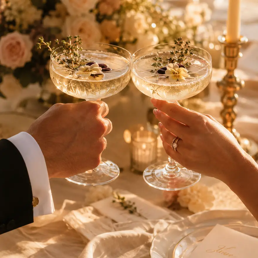 Mariés trinquant avec deux coupes à cocktail fleuries à l'heure dorée
